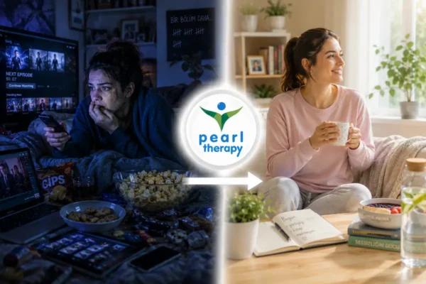 Pearl Therapy dizi bağımlılığı tedavisi ve terapisi ile aşırı dizi izleme, ekran karşısında zaman kaybetme ve bölüm izleme dürtüsünden dengeli, üretken ve sağlıklı yaşama dönüşümü gösteren Holistik Master Terapi görseli