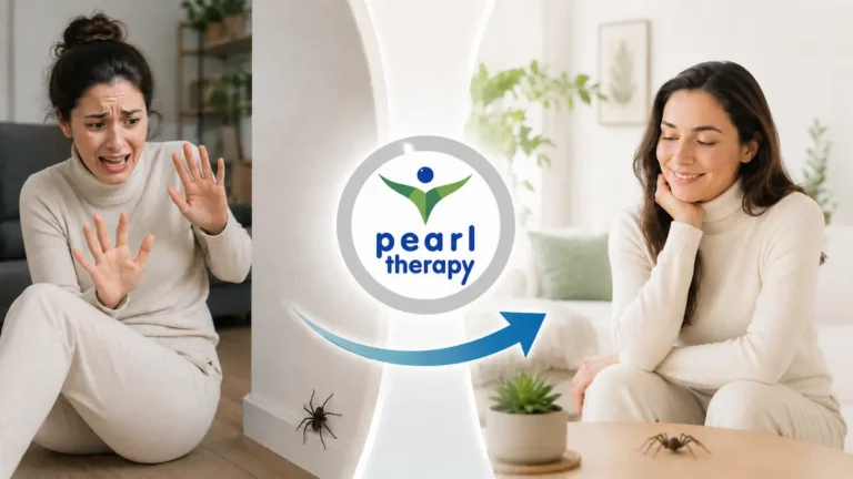 Das Bild der Pearl Therapy zur Behandlung von Spinnenphobie zeigt, wie eine Person, die beim Anblick einer Spinne intensive Angst, Panik, Herzklopfen, Vermeidungsverhalten und Tierphobie erlebt, durch Spinnenphobie-Therapie, Angstbewältigung und ganzheitliche psychologische Unterstützung zu einem ruhigeren, sichereren und kontrollierteren Leben findet.