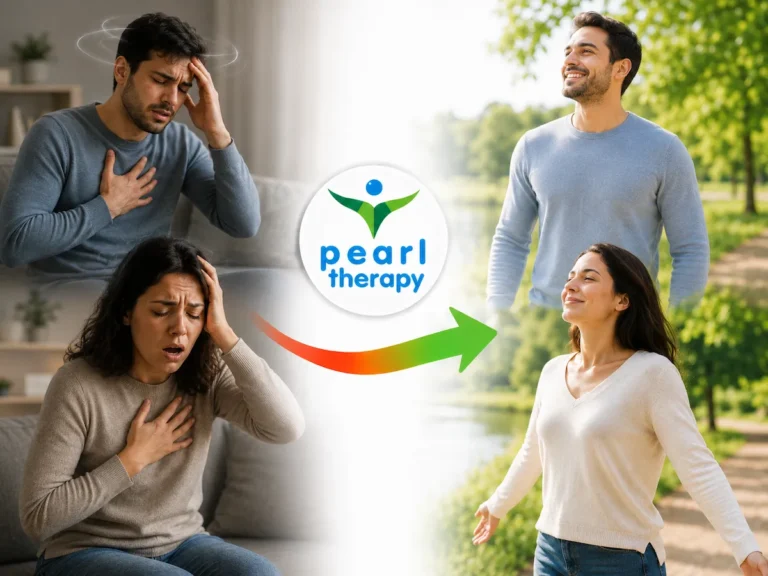 Pearl Therapy panik atak tedavisi ve terapisi görseli; sol tarafta çarpıntı, göğüste sıkışma, baş dönmesi ve yoğun kaygı yaşayan kadın ve erkek bireyleri, sağ tarafta ise panik atak ve anksiyete belirtilerinden uzaklaşarak daha sakin, huzurlu ve rahat nefes alan aynı kişilerin bütüncül terapi sürecindeki iyileşme dönüşümünü göstermektedir