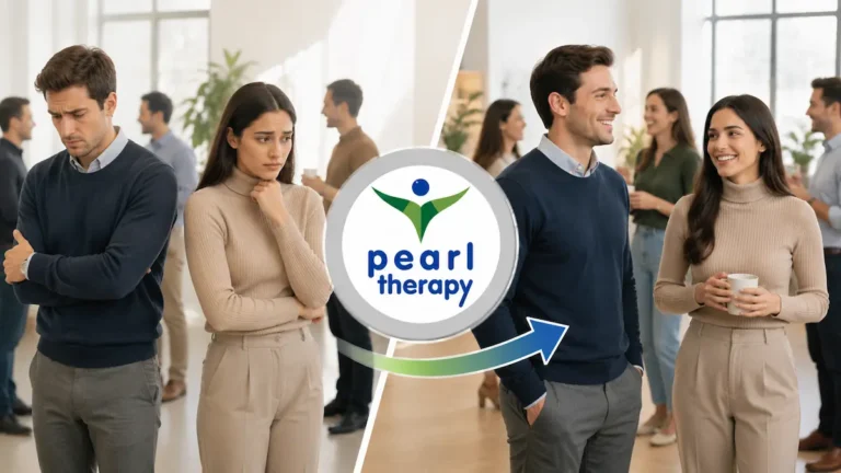 Pearl Therapy sosyal fobi tedavisi ve terapisi görseli; insanlarla konuşurken, topluluk önünde bulunurken veya sosyal ortamlara girerken yoğun kaygı, çekingenlik, yüz kızarması, çarpıntı ve yargılanma korkusu yaşayan bir kişinin sosyal anksiyete terapisi, özgüven desteği ve bütüncül psikolojik destekle daha rahat, sakin ve kendinden emin bir yaşama geçişini göstermektedir