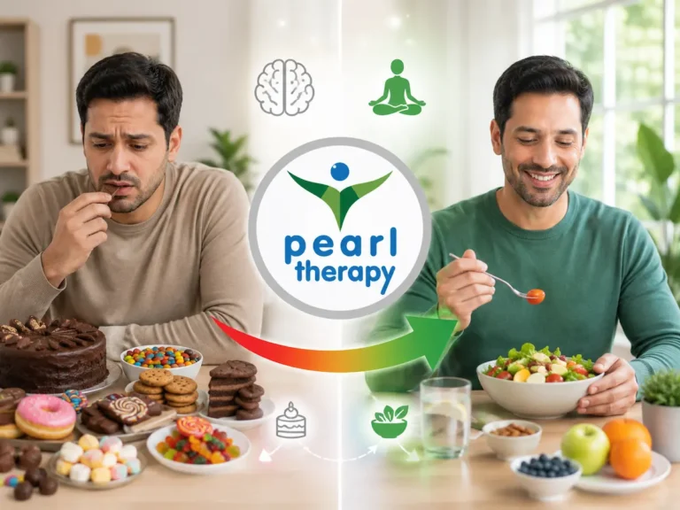 Pearl Therapy tatlı bağımlılığından kurtulma tedavisi ve terapisi görseli; sol tarafta çikolata, pasta, kurabiye ve şekerli yiyeceklere yönelen, tatlı yeme dürtüsü yaşayan bir kişinin; sağ tarafta sağlıklı beslenmeye geçen, salata ve doğal gıdalarla daha dengeli yaşayan aynı kişinin şeker bağımlılığı terapisi ve bütüncül dönüşüm sürecini göstermektedir 