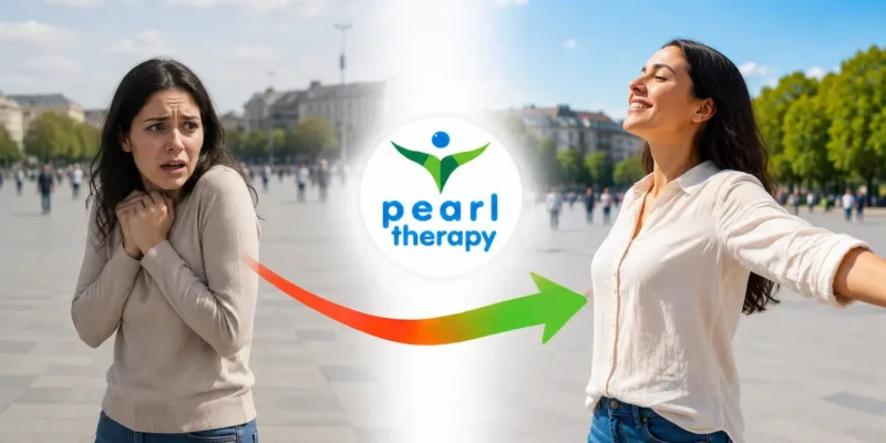 Pearl Therapy açık alan korkusu ve agorafobi tedavisi görseli; evden çıkma, kalabalık alanlarda bulunma, toplu taşımaya binme ve panik atak yaşama korkusu olan bir kişinin bütüncül terapi, kaygı yönetimi ve psikolojik destekle daha özgür, sakin ve güvenli bir yaşama geçişini göstermektedir