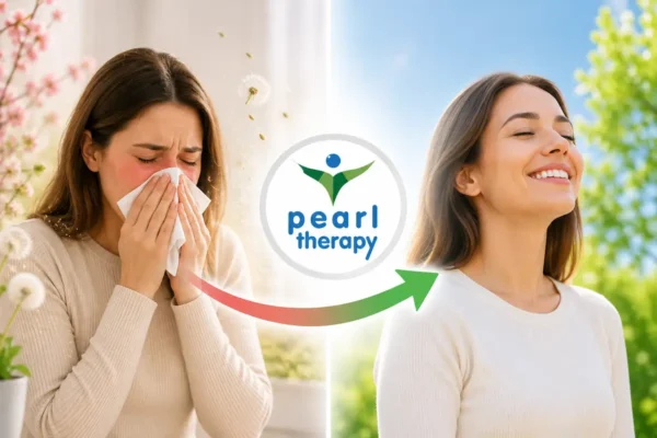 Pearl Therapy alerji tedavisi ve terapisi görseli; polen alerjisi, mevsimsel alerji, ev tozu, hayvan tüyü, gıda ve cilt alerjisi yaşayan kişilerin burun akıntısı, hapşırma, kaşıntı, kızarıklık ve göz sulanması gibi alerjik şikâyetlerden daha rahat ve sağlıklı bir yaşama geçişini gösteren bütüncül alerji terapisi görseli