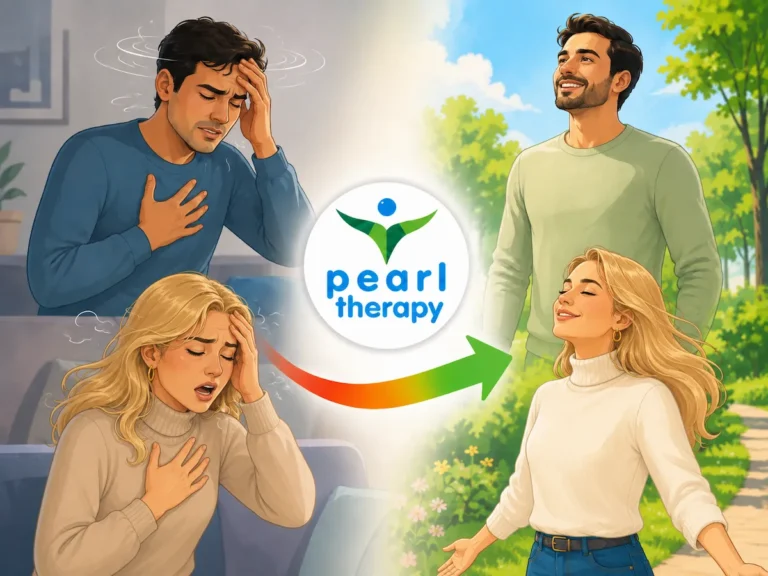 Pearl Therapy anksiyete ve panik atak terapisi görseli; yoğun kaygı, korku döngüsü, nefes darlığı, çarpıntı ve panik hissi yaşayan kişilerin bilinçaltı temelli terapi ve bütüncül psikolojik destekle daha sakin, huzurlu ve özgüvenli bir yaşama geçişini göstermektedir Pearl Therapy panik bozukluk ve panik atak tedavisi görseli; yoğun korku, çarpıntı, nefes alamama hissi, ölüm korkusu ve kontrol kaybı endişesi yaşayan kişilerin bütüncül kaygı terapisiyle daha sakin, güvenli ve dengeli yaşama geçişini göstermektedir