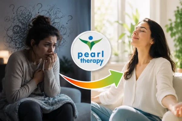 Anksiyete terapisini anlatan önce ve sonra konseptli görsel. Sol tarafta yoğun kaygı, korku, kalp çarpıntısı ve huzursuzluk yaşayan bir yetişkin, sağ tarafta ise Pearl Therapy’nin bütüncül anksiyete terapisi ve stres yönetimi desteği sonrasında daha sakin, dengeli, özgüvenli ve huzurlu hali yer almaktadır. Ortada Pearl Therapy logosu ve olumlu değişimi simgeleyen yön oku bulunmaktadır. Görsel; anksiyete terapisi, kaygı bozukluğu, yoğun endişe, stres yönetimi, panik belirtileri, bilinçaltı terapisi, duygu düzenleme ve bütüncül terapi hizmetlerini temsil etmektedir.