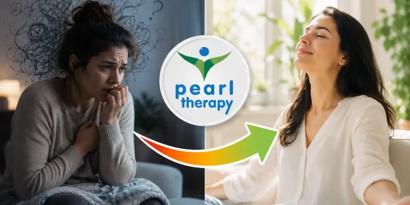 Anksiyete terapisini anlatan önce ve sonra konseptli görsel. Sol tarafta yoğun kaygı, korku, kalp çarpıntısı ve huzursuzluk yaşayan bir yetişkin, sağ tarafta ise Pearl Therapy’nin bütüncül anksiyete terapisi ve stres yönetimi desteği sonrasında daha sakin, dengeli, özgüvenli ve huzurlu hali yer almaktadır. Ortada Pearl Therapy logosu ve olumlu değişimi simgeleyen yön oku bulunmaktadır. Görsel; anksiyete terapisi, kaygı bozukluğu, yoğun endişe, stres yönetimi, panik belirtileri, bilinçaltı terapisi, duygu düzenleme ve bütüncül terapi hizmetlerini temsil etmektedir.