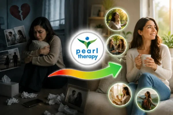 Pearl Therapy ayrılık acısı terapisini temsil eden önce ve sonra görseli. Sol tarafta sevgilisinden veya eşinden ayrıldığı için üzgün, yalnız ve duygusal olarak yıpranmış bir birey, ortada Pearl Therapy logosu ve iyileşmeyi simgeleyen ok, sağ tarafta ise geçmişin yükünü geride bırakmış, özgüvenini yeniden kazanmış, mutlu, huzurlu ve geleceğe umutla bakan birey yer almaktadır. Görsel; ayrılık acısı terapisi, ayrılık sonrası iyileşme, duygusal destek, yas süreci, bilinçaltı terapisi ve bütüncül terapi yaklaşımını temsil etmektedir.