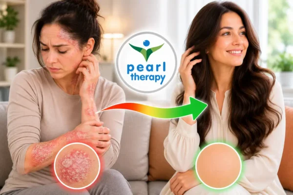 Pearl Therapy cilt problemleri terapisi tedavisini temsil eden önce ve sonra görseli. Sol tarafta egzama, sedef, akne, kızarıklık, cilt lekeleri ve kronik cilt problemleri yaşayan üzgün bir birey, ortada Pearl Therapy logosu ve iyileşmeyi simgeleyen ok, sağ tarafta ise sağlıklı, temiz, pürüzsüz ve canlı görünen cilde sahip mutlu birey yer almaktadır. Görsel; cilt problemleri terapisi, egzama tedavisi, sedef terapisi, akne tedavisi, dermatit desteği, cilt sağlığı, bilinçaltı terapisi ve bütüncül terapi yaklaşımını temsil etmektedir.