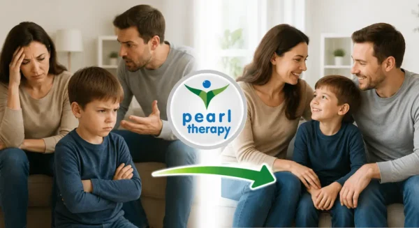 Das Bild von Pearl Therapy, das Therapie und Beratung bei Eheproblemen symbolisiert, veranschaulicht, wie ein Paar, das Kommunikationsprobleme, Streit, emotionale Distanz, Vertrauensprobleme und eheliche Meinungsverschiedenheiten erlebt, durch professionelle Paartherapie, Eheberatung und ganzheitliche Beziehungsunterstützung zu einer friedlicheren, ausgeglicheneren und stärkeren Beziehung findet.