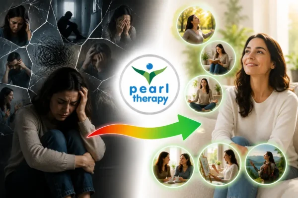 Pearl Therapy diğer psikolojik sorunlar terapisini temsil eden önce ve sonra görseli. Sol tarafta yoğun düşünceler, duygusal sıkıntılar, içsel çatışmalar, huzursuzluk ve psikolojik sorunlar nedeniyle yorgun ve mutsuz görünen bir birey, ortada Pearl Therapy logosu ve olumlu değişimi simgeleyen ok, sağ tarafta ise zihinsel olarak rahatlamış, duygusal dengesini güçlendirmiş, özgüvenli, huzurlu ve mutlu görünen birey yer almaktadır. Görsel; diğer psikolojik sorunlar terapisi, psikolojik destek, duygusal problemler, zihinsel rahatlama, davranışsal sorunlar, bilinçaltı terapisi, stres yönetimi ve bütüncül terapi yaklaşımını temsil etmektedir.