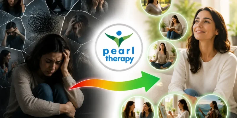Pearl Therapy diğer psikolojik sorunlar terapisini temsil eden önce ve sonra görseli. Sol tarafta yoğun düşünceler, duygusal sıkıntılar, içsel çatışmalar, huzursuzluk ve psikolojik sorunlar nedeniyle yorgun ve mutsuz görünen bir birey, ortada Pearl Therapy logosu ve olumlu değişimi simgeleyen ok, sağ tarafta ise zihinsel olarak rahatlamış, duygusal dengesini güçlendirmiş, özgüvenli, huzurlu ve mutlu görünen birey yer almaktadır. Görsel; diğer psikolojik sorunlar terapisi, psikolojik destek, duygusal problemler, zihinsel rahatlama, davranışsal sorunlar, bilinçaltı terapisi, stres yönetimi ve bütüncül terapi yaklaşımını temsil etmektedir.
