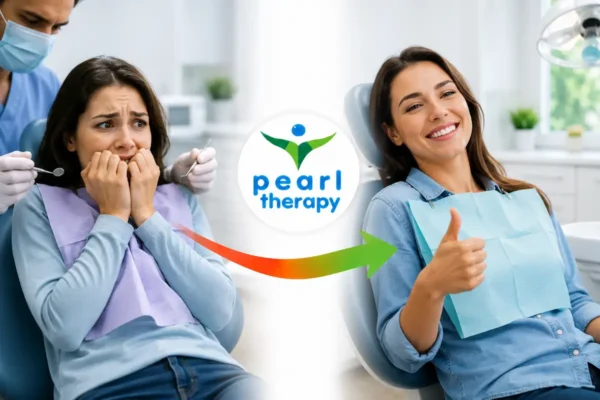 Pearl Therapy dişçi korkusu tedavisi ve terapisi görseli; diş hekimine gitme, iğne, ağrı, cihaz sesi ve dişçi koltuğu korkusu yaşayan bir kişinin dental fobi terapisi, kaygı yönetimi ve bütüncül psikolojik destekle daha sakin, güvenli ve rahat şekilde diş tedavisine yaklaşmasını göstermektedir 