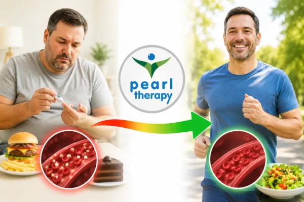Diyabet terapisi tedavisini anlatan önce ve sonra konseptli görsel. Sol tarafta diyabet nedeniyle kan şekeri kontrolünde zorlanan, yorgun ve yaşam kalitesi düşmüş bir birey, sağ tarafta ise Pearl Therapy'nin bütüncül destekleyici terapi yaklaşımı sonrasında daha enerjik, yaşam kalitesi artmış, sağlıklı yaşam alışkanlıklarını benimsemiş ve kendini daha iyi hisseden hali yer almaktadır. Ortada Pearl Therapy logosu ve iyileşme sürecini simgeleyen yön oku bulunmaktadır. Görsel; diyabet terapisi, diyabet tedavisi, Tip 1 diyabet, Tip 2 diyabet, insülin direnci, prediyabet, bilinçaltı terapisi, psikolojik destek ve bütüncül terapi hizmetlerini temsil etmektedir.