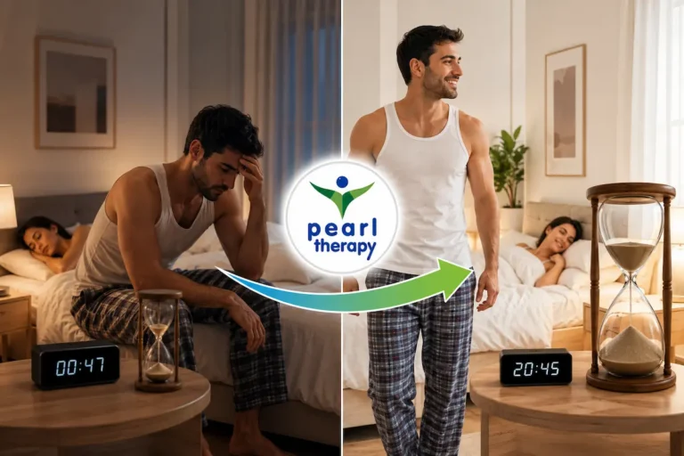 Pearl Therapy erken boşalma tedavisi ve terapisi görseli; cinsel ilişkide kontrol kaybı, performans kaygısı, mahcubiyet ve özgüven eksikliği yaşayan bir erkeğin bütüncül cinsel terapi, bilinçaltı temelli terapi ve psikolojik destekle daha kontrollü, özgüvenli ve mutlu bir cinsel yaşama geçişini göstermektedir 