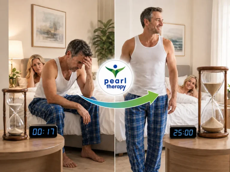 Pearl Therapy erken boşalma terapisi ve tedavisi görseli; cinsel ilişkide kontrol kaybı, performans kaygısı, mahcubiyet ve özgüven eksikliği yaşayan bir erkeğin bütüncül terapi, boşalma kontrolü desteği ve psikolojik danışmanlıkla daha kontrollü, huzurlu ve tatmin edici bir cinsel yaşama geçişini göstermektedir