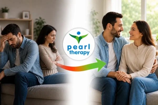 Pearl Therapy eşler arası sorunlar için terapi ve danışmanlık görseli; iletişim problemleri, tartışmalar, duygusal uzaklaşma, güven sorunu ve evlilik içi anlaşmazlıklar yaşayan bir çiftin profesyonel çift terapisi, evlilik danışmanlığı ve bütüncül ilişki desteğiyle daha huzurlu, dengeli ve güçlü bir ilişkiye geçişini göstermektedir