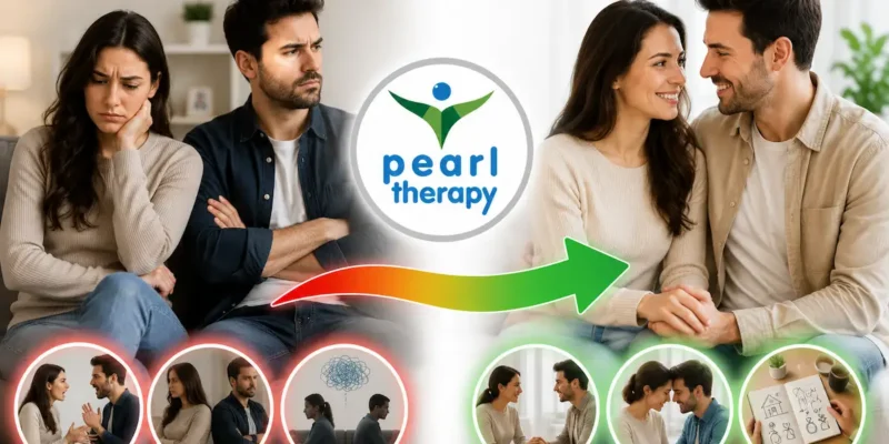 Pearl Therapy evlilik öncesi sorunlar terapisini temsil eden önce ve sonra görseli. Sol tarafta evlilik öncesinde iletişim problemleri, güven sorunları ve sık tartışmalar yaşayan üzgün bir çift, ortada Pearl Therapy logosu ve iyileşmeyi simgeleyen ok, sağ tarafta ise birbirine sevgiyle bakan, mutlu, huzurlu ve evliliğe hazır görünen bir çift yer almaktadır. Görsel; evlilik öncesi terapi, nişanlı çift danışmanlığı, ilişki terapisi, çift terapisi, iletişim sorunları, güven problemleri, bilinçaltı terapisi ve bütüncül terapi yaklaşımını temsil etmektedir.