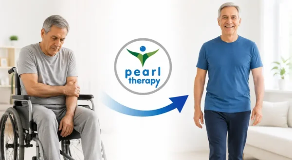Pearl Therapy felç terapisi tedavisini temsil eden önce ve sonra görseli. Sol tarafta felç veya inme sonrası hareket etmekte zorlanan, yürüme ve kol kullanımında güçlük yaşayan bir birey, ortada Pearl Therapy logosu ve iyileşmeyi simgeleyen ok, sağ tarafta ise daha rahat hareket edebilen, daha güçlü, mutlu ve umutlu görünen birey yer almaktadır. Görsel; felç terapisi, inme sonrası rehabilitasyon desteği, nörolojik rehabilitasyon, fiziksel iyileşme, hareket kabiliyetinin desteklenmesi, bilinçaltı terapisi ve bütüncül terapi yaklaşımını temsil etmektedir.