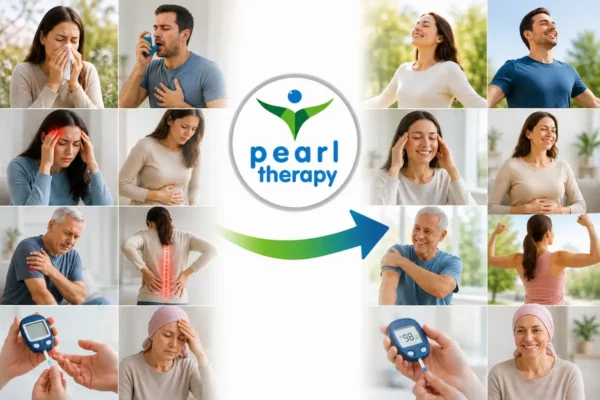 Pearl Therapy fiziksel rahatsızlıklar için bütüncül terapi ve destek görseli; kronik ağrı, yorgunluk, stres kaynaklı bedensel belirtiler ve farklı sağlık sorunları yaşayan bir kişinin psikolojik destek, yaşam tarzı düzenlemeleri ve beden-zihin odaklı terapiyle daha sağlıklı, dengeli ve güçlü bir yaşama geçişini göstermektedir 