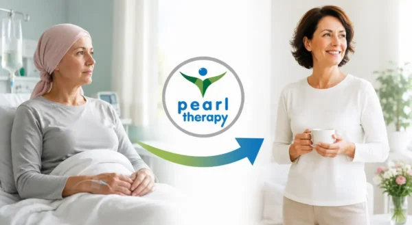 Pearl Therapy kanser tedavisi sürecinde bütüncül terapi desteği görseli; kanser teşhisi, kemoterapi veya radyoterapi nedeniyle fiziksel ve duygusal olarak zorlanan bir kişinin psikolojik destek, stres yönetimi ve yaşam kalitesi odaklı terapiyle daha güçlü, umutlu ve dengeli bir yaşama geçişini göstermektedir