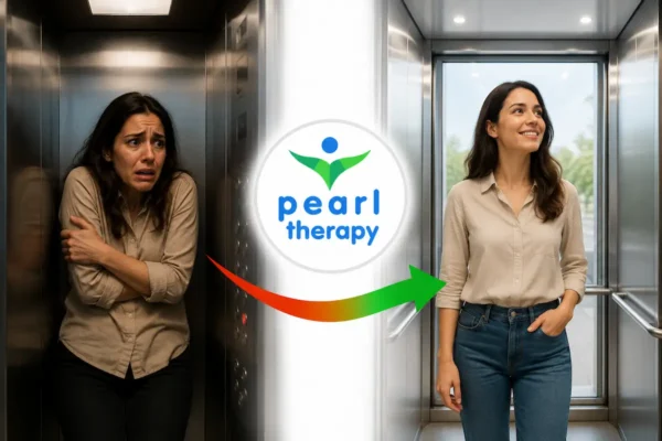 Pearl Therapy kapalı alan korkusu tedavisi ve terapisi görseli; asansör, uçak, metro, tünel ve küçük kapalı alanlarda yoğun korku, çarpıntı, nefes darlığı ve panik yaşayan bir kişinin klostrofobi terapisi, kaygı yönetimi ve bütüncül psikolojik destekle daha sakin, güvenli ve özgür bir yaşama geçişini göstermektedir 
