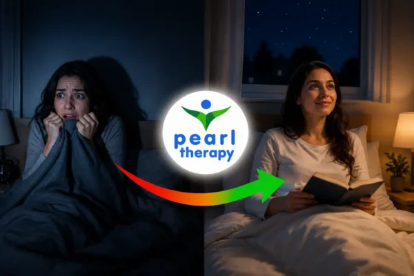 Pearl Therapy karanlık korkusu tedavisi ve terapisi görseli; ışık kapandığında yoğun korku, gece kaygısı, yalnız uyuyamama, çarpıntı ve panik yaşayan bir kişinin niktofobi terapisi, kaygı yönetimi ve bütüncül psikolojik destekle daha sakin, güvenli ve huzurlu bir yaşama geçişini göstermektedir 