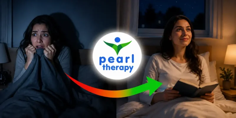 Pearl Therapy karanlık korkusu tedavisi ve terapisi görseli; ışık kapandığında yoğun korku, gece kaygısı, yalnız uyuyamama, çarpıntı ve panik yaşayan bir kişinin niktofobi terapisi, kaygı yönetimi ve bütüncül psikolojik destekle daha sakin, güvenli ve huzurlu bir yaşama geçişini göstermektedir