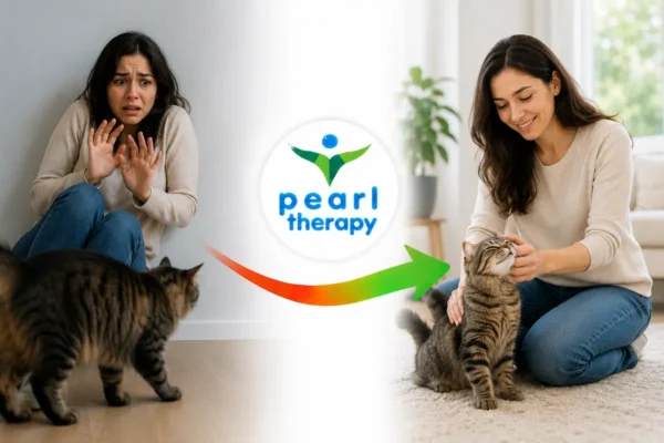 Pearl Therapy kedi korkusu tedavisi ve terapisi görseli; kedi gördüğünde yoğun korku, çarpıntı, kaçma isteği, panik ve hayvan fobisi yaşayan bir kişinin ailurofobi terapisi, kaygı yönetimi ve bütüncül psikolojik destekle daha sakin, güvenli ve kontrollü bir yaşama geçişini göstermektedir 