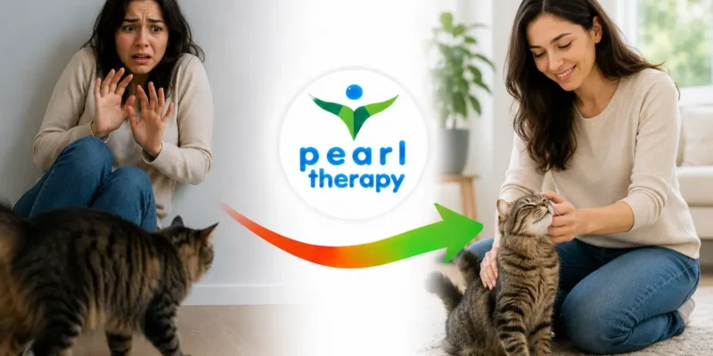 Pearl Therapy kedi korkusu tedavisi ve terapisi görseli; kedi gördüğünde yoğun korku, çarpıntı, kaçma isteği, panik ve hayvan fobisi yaşayan bir kişinin ailurofobi terapisi, kaygı yönetimi ve bütüncül psikolojik destekle daha sakin, güvenli ve kontrollü bir yaşama geçişini göstermektedir