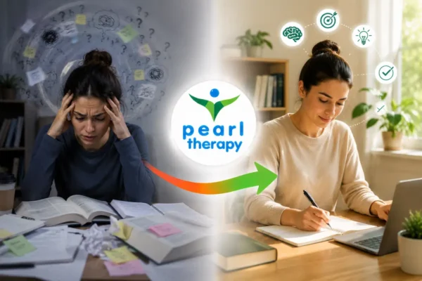 Pearl Therapy konsantrasyon bozukluğu tedavisi ve terapisi görseli; dikkat dağınıklığı, odaklanma güçlüğü, unutkanlık, zihinsel yorgunluk ve işleri tamamlayamama sorunu yaşayan bir kişinin bütüncül terapi, dikkat geliştirme ve psikolojik destekle daha odaklı, üretken ve dengeli bir yaşama geçişini göstermektedir 