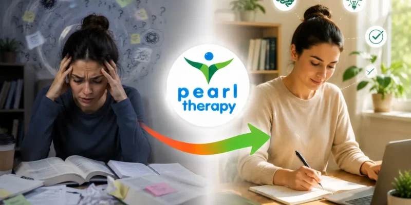 Pearl Therapy konsantrasyon bozukluğu tedavisi ve terapisi görseli; dikkat dağınıklığı, odaklanma güçlüğü, unutkanlık, zihinsel yorgunluk ve işleri tamamlayamama sorunu yaşayan bir kişinin bütüncül terapi, dikkat geliştirme ve psikolojik destekle daha odaklı, üretken ve dengeli bir yaşama geçişini göstermektedir