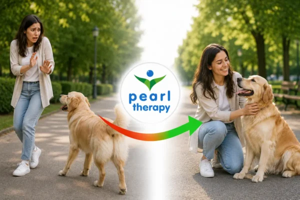 Pearl Therapy köpek korkusu tedavisi ve terapisi görseli; köpek gördüğünde yoğun korku, panik, çarpıntı, kaçma isteği, havlama ve saldırıya uğrama endişesi yaşayan bir kişinin kinofobi terapisi, kaygı yönetimi ve bütüncül psikolojik destekle daha sakin, güvenli ve kontrollü bir yaşama geçişini göstermektedir 