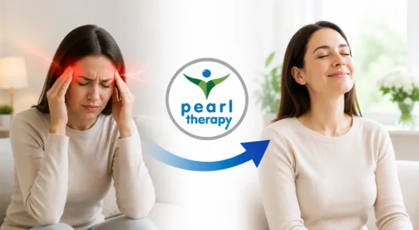 Pearl Therapy migren tedavisi ve terapisi görseli; zonklayıcı baş ağrısı, ışık ve ses hassasiyeti, mide bulantısı, görsel aura ve tekrarlayan migren atakları yaşayan bir kişinin bütüncül migren desteği, stres yönetimi ve yaşam kalitesi odaklı terapiyle daha rahat, dengeli ve konforlu bir yaşama geçişini göstermektedir 