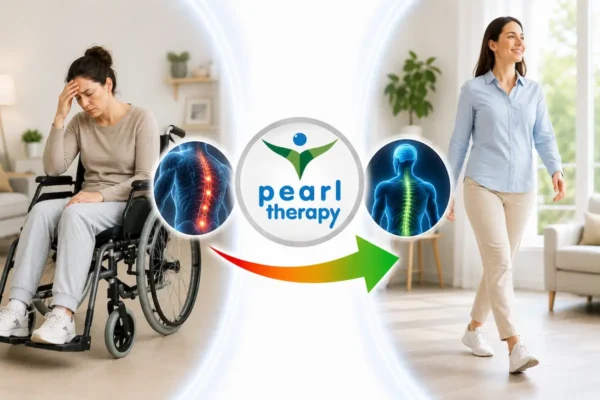 MS (Multipl Skleroz) terapisi tedavisini anlatan önce ve sonra konseptli görsel. Sol tarafta Multipl Skleroz nedeniyle yorgunluk, denge problemi ve hareket güçlüğü yaşayan bir birey, sağ tarafta ise Pearl Therapy'nin bütüncül destekleyici terapi yaklaşımı sonrasında kendini daha enerjik hisseden, yaşam kalitesi artmış, daha rahat hareket eden ve özgüveni güçlenmiş hali yer almaktadır. Ortada Pearl Therapy logosu ve gelişim sürecini simgeleyen yön oku bulunmaktadır. Görsel; MS terapisi, Multipl Skleroz terapisi, nörolojik destek, kronik hastalık desteği, bilinçaltı terapisi, psikolojik danışmanlık ve bütüncül terapi hizmetlerini temsil etmektedir.