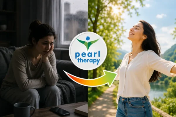 Mutsuzluk terapisini anlatan önce ve sonra konseptli görsel. Sol tarafta üzgün, yalnız, isteksiz ve yaşamdan keyif alamayan bir yetişkin, sağ tarafta ise Pearl Therapy’nin bütüncül terapi ve psikolojik destek yaklaşımı sonrasında daha huzurlu, umutlu, özgüvenli ve yaşama bağlı hali yer almaktadır. Ortada Pearl Therapy logosu ve olumlu değişimi simgeleyen yön oku bulunmaktadır. Görsel; mutsuzluk terapisi, sürekli üzüntü, yaşamdan keyif alamama, motivasyon eksikliği, bilinçaltı terapisi, duygu düzenleme, stres yönetimi ve bütüncül terapi hizmetlerini temsil etmektedir.