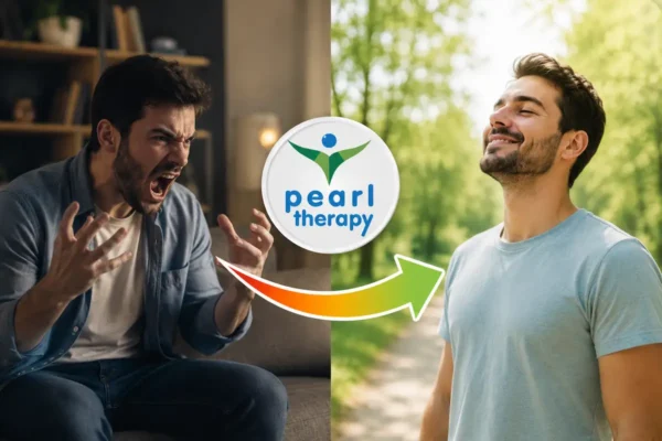 Öfke problemi terapisini anlatan önce ve sonra konseptli görsel. Sol tarafta yoğun öfke yaşayan, bağıran, ellerini sıkan ve iletişim kurmakta zorlanan bir yetişkin, sağ tarafta ise Pearl Therapy’nin bütüncül öfke kontrolü ve duygu düzenleme desteği sonrasında daha sakin, dengeli, huzurlu ve sağlıklı iletişim kurabilen hali yer almaktadır. Ortada Pearl Therapy logosu ve olumlu değişimi simgeleyen yön oku bulunmaktadır. Görsel; öfke problemi terapisi, öfke kontrolü, ani sinirlenme, saldırgan davranış, stres yönetimi, bilinçaltı terapisi, aile danışmanlığı ve bütüncül terapi hizmetlerini temsil etmektedir.