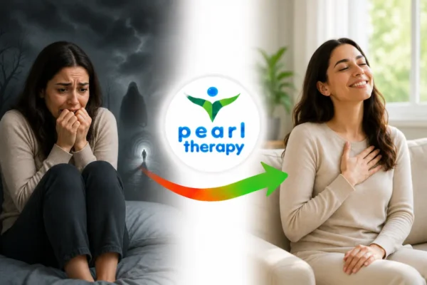 Pearl Therapy ölüm korkusu tedavisi ve terapisi görseli; kendi ölümünü veya sevdiklerini kaybetmeyi sürekli düşünen, hastalık kaygısı, panik, çarpıntı ve yoğun endişe yaşayan bir kişinin tanatofobi terapisi, kaygı yönetimi ve bütüncül psikolojik destekle daha sakin, huzurlu ve dengeli bir yaşama geçişini göstermektedir 
