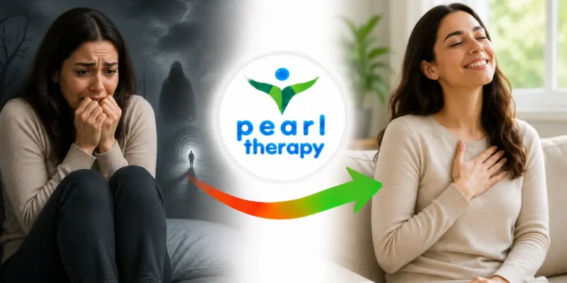 Pearl Therapy ölüm korkusu tedavisi ve terapisi görseli; kendi ölümünü veya sevdiklerini kaybetmeyi sürekli düşünen, hastalık kaygısı, panik, çarpıntı ve yoğun endişe yaşayan bir kişinin tanatofobi terapisi, kaygı yönetimi ve bütüncül psikolojik destekle daha sakin, huzurlu ve dengeli bir yaşama geçişini göstermektedir
