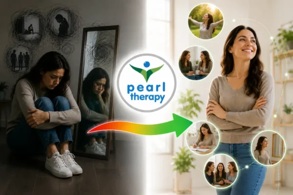 Pearl Therapy özgüven eksikliği terapisini temsil eden önce ve sonra görseli. Sol tarafta içine kapanık, çekingen, kendine güvenmekte zorlanan ve mutsuz görünen bir birey, ortada Pearl Therapy logosu ve iyileşmeyi simgeleyen ok, sağ tarafta ise dik duruşlu, kendinden emin, mutlu, özgüvenli ve başarılı görünen birey yer almaktadır. Görsel; özgüven eksikliği terapisi, kendine güven geliştirme, özsaygı artırma, çekingenlik terapisi, bilinçaltı terapisi ve bütüncül terapi yaklaşımını temsil etmektedir.