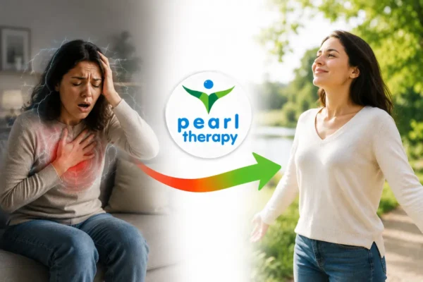 Pearl Therapy panik atak tedavisi ve terapisi görseli; çarpıntı, nefes darlığı, göğüste sıkışma, yoğun korku, kaygı ve ani panik nöbetleri yaşayan bir kişinin bütüncül terapi, anksiyete desteği ve stres yönetimiyle daha sakin, güvenli ve dengeli bir yaşama geçişini göstermektedir