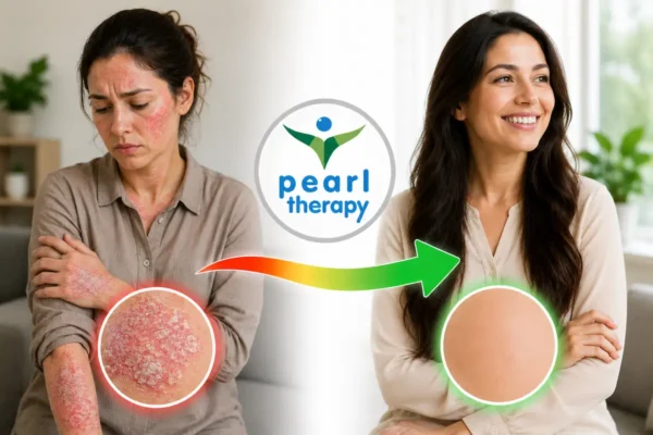 Pearl Therapy sedef terapisi tedavisini temsil eden önce ve sonra görseli. Sol tarafta sedef hastalığı nedeniyle kollarında ve yüzünde belirgin kızarıklık, pullanma ve cilt lezyonları bulunan mutsuz bir birey, ortada Pearl Therapy logosu ve iyileşmeyi simgeleyen ok, sağ tarafta ise cildi daha sağlıklı, temiz ve rahatlamış görünen mutlu birey yer almaktadır. Görsel; sedef terapisi, psoriasis desteği, kronik cilt problemleri, cilt sağlığı, bilinçaltı terapisi, stres yönetimi ve bütüncül terapi yaklaşımını temsil etmektedir.