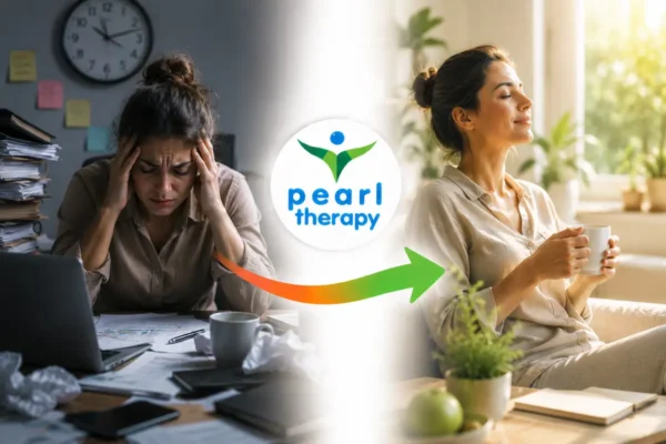 Pearl Therapy stres tedavisi ve terapisi görseli; yoğun stres, zihinsel yorgunluk, gerginlik, uyku problemi, odaklanma güçlüğü ve duygusal baskı yaşayan bir kişinin bütüncül stres yönetimi, psikolojik destek ve gevşeme terapisiyle daha sakin, huzurlu ve dengeli bir yaşama geçişini göstermektedir
