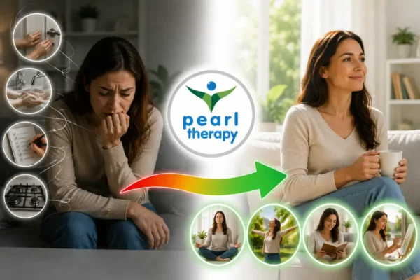 Pearl Therapy takıntılar terapisini temsil eden önce ve sonra görseli. Sol tarafta obsesif düşünceler, temizlik veya kontrol etme takıntıları nedeniyle kaygılı ve zihinsel olarak yorgun görünen bir birey, ortada Pearl Therapy logosu ve iyileşmeyi simgeleyen ok, sağ tarafta ise zihinsel olarak rahatlamış, sakin, özgüvenli ve mutlu görünen birey yer almaktadır. Görsel; takıntılar terapisi, obsesyon terapisi, OKB desteği, obsesif düşünceler, kompulsif davranışlar, bilinçaltı terapisi ve bütüncül terapi yaklaşımını temsil etmektedir.