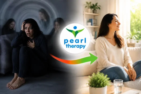 Pearl Therapy tik bozukluğu tedavisi ve terapisi görseli; göz kırpma, yüz tikleri, omuz silkme, boğaz temizleme, istemsiz hareketler ve ses tikleri yaşayan bir kişinin davranışsal terapi, stres yönetimi ve bütüncül destekle daha sakin, kontrollü ve özgüvenli bir yaşama geçişini göstermektedir