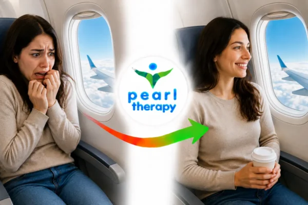 Pearl Therapy uçuş korkusu tedavisi ve terapisi görseli; uçağa binmeden önce veya uçuş sırasında yoğun kaygı, çarpıntı, nefes darlığı, türbülans korkusu, panik ve seyahat endişesi yaşayan bir kişinin aviyofobi terapisi, kaygı yönetimi ve bütüncül psikolojik destekle daha sakin, güvenli ve kontrollü bir uçuş deneyimine geçişini göstermektedir 