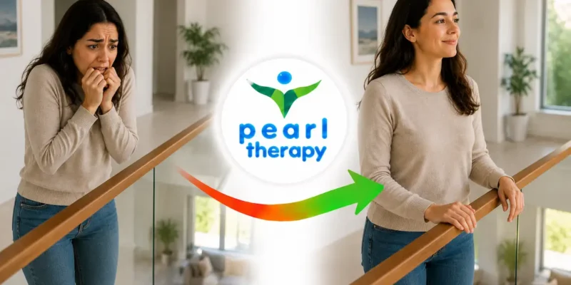 Pearl Therapy yükseklik korkusu tedavisi ve terapisi görseli; balkon, merdiven, köprü, yüksek bina veya uçurum gibi yüksek alanlarda yoğun korku, baş dönmesi, çarpıntı, panik ve düşme endişesi yaşayan bir kişinin akrofobi terapisi, kaygı yönetimi ve bütüncül psikolojik destekle daha sakin, güvenli ve kontrollü bir yaşama geçişini göstermektedir