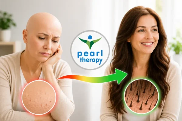 Pearl Therapy lösemi terapisini temsil eden önce ve sonra görseli. Sol tarafta lösemi tedavi sürecinin etkileri nedeniyle yorgun, güçsüz ve moral olarak zorlanan bir birey, ortada Pearl Therapy logosu ve iyileşmeyi simgeleyen ok, sağ tarafta ise tedavi sürecinde psikolojik olarak güçlenmiş, umutlu, enerjik ve yaşam kalitesi artmış görünen birey yer almaktadır. Görsel; lösemi terapisi, kan kanseri destek terapisi, onkoloji psikolojik desteği, bilinçaltı terapisi, stres yönetimi ve bütüncül terapi yaklaşımını temsil etmektedir.