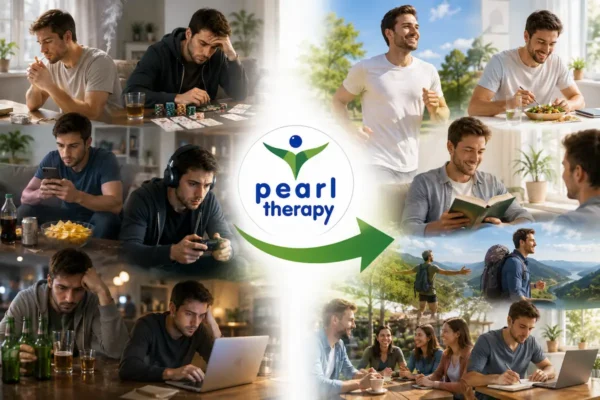Pearl Therapy bağımlılıktan kurtulma tedavisi ve terapisi görseli; alkol, sigara, kumar, telefon, oyun, dizi, yemek, tatlı ve farklı bağımlılık döngüleriyle mücadele eden bir kişinin bütüncül bağımlılık terapisi, bilinçaltı temelli terapi ve Holistik Master Terapi yaklaşımıyla daha sağlıklı, özgür, üretken, sosyal ve dengeli bir yaşama geçişini göstermektedir