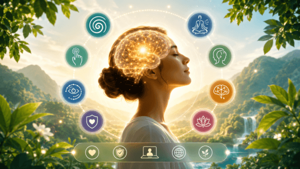 Bütüncül bilinçaltı terapi sürecinde kullanılan bilinçaltı temizliği, hipnoz, hipnoterapi, EFT terapi, EMDR, regresyon ve NLP yöntemlerini simgeleyen ikonlu görsel