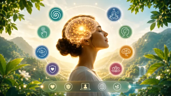 The image features icons representing the subconscious cleansing, hypnosis, hypnotherapy, EFT therapy, EMDR, regression, and NLP methods used in holistic subconscious therapy.